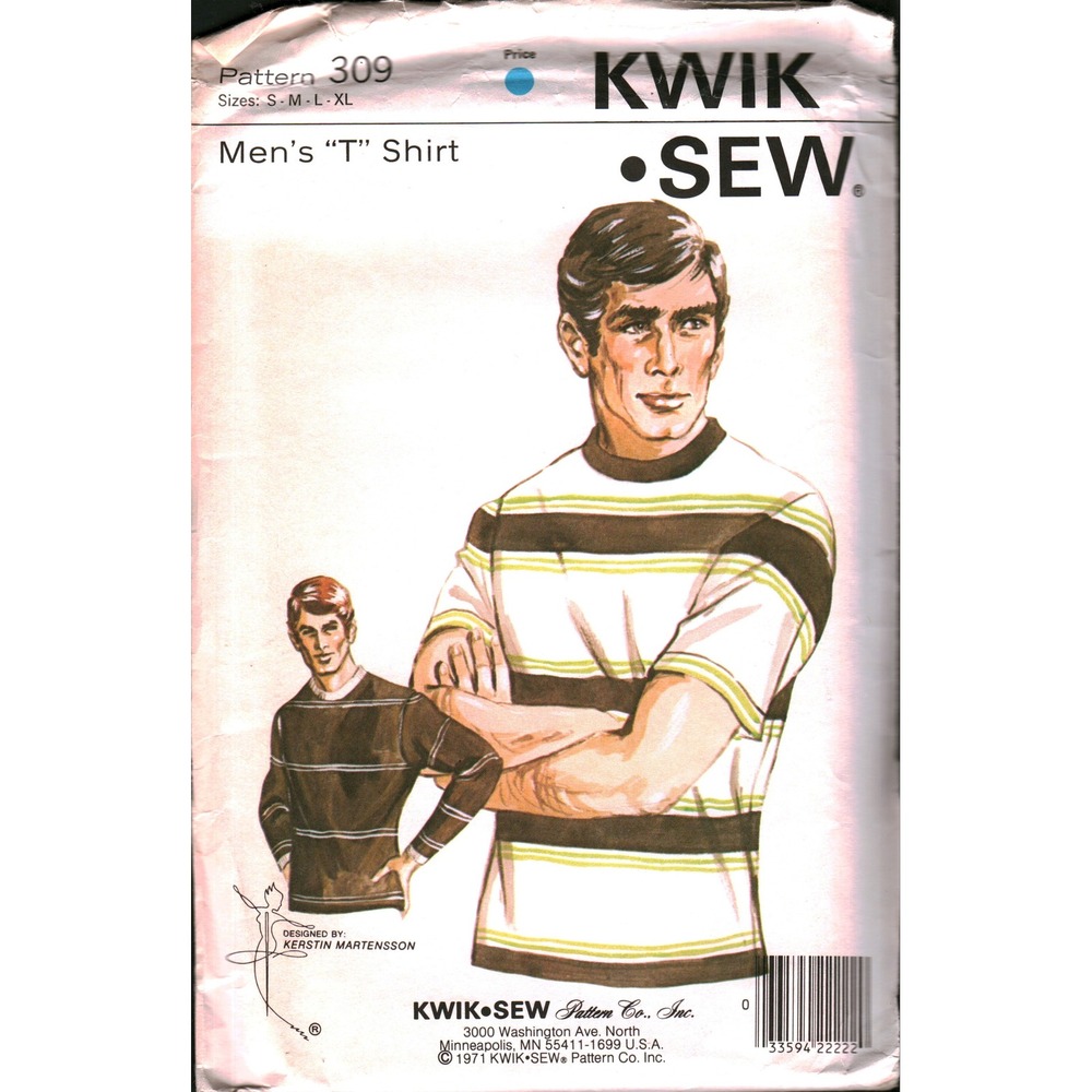 Vintage 1971‎ Kwik Sew 309 Mens T-Shirt Sewing Pattern Kerstin Martensson S-M